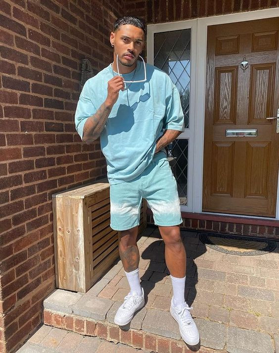 Light Blue Denim Shirt, Men's Pastel Outfit Trends With Light Blue Short, Men's Pastel Outfit Dresses: 