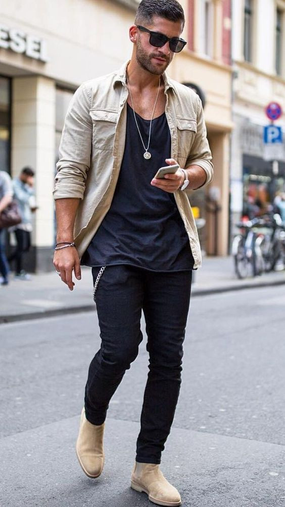 Beige Shirt, Chelsea Boots Attires Ideas With Black Sweat Pant, Open Shirt Style Men: 