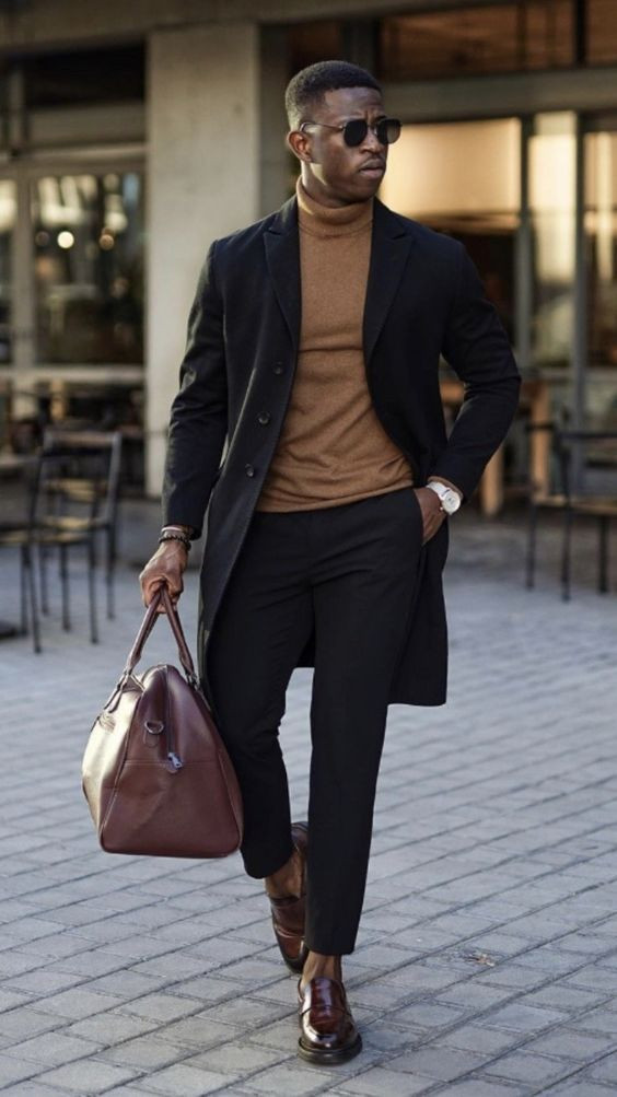 Black Long Coat, Winter Attires Ideas With Black Suit Trouser, Brown Turtleneck Black Coat: 