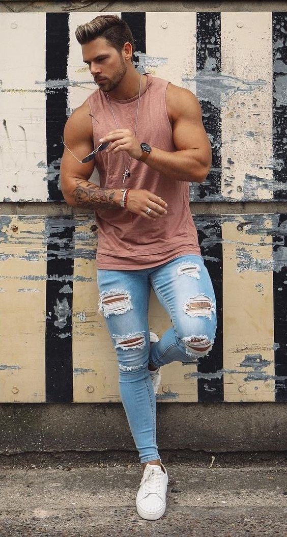 Light Blue Jeans, Ripped Jeans Fashion Trends With Pink Tank Top, Best Ripped Jeans Men: 