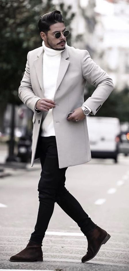 Beige Wool Coat, Turtleneck Fashion Outfits With Black Casual Trouser, Trench Coat Styling Men: 