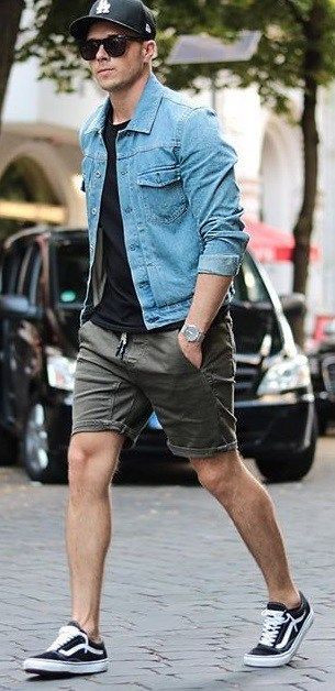 Grey Leather Short, Shorts Outfit Designs With Light Blue Casual Jacket, Denim Shirt With Shorts: 