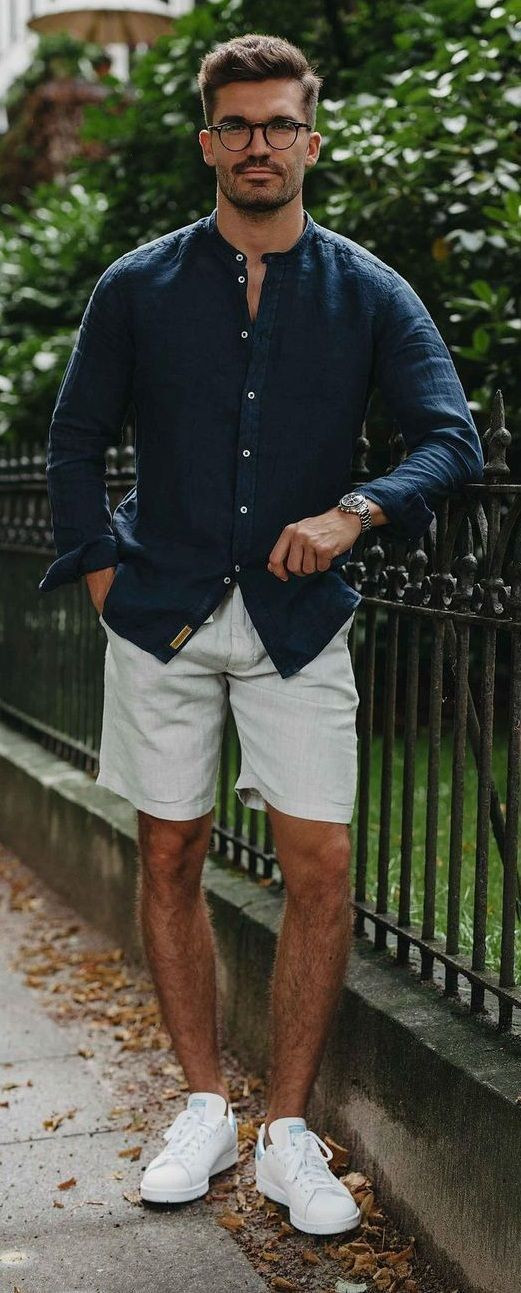 Dark Blue And Navy Cardigan, Men Shirts Outfits With White Shorts, Mens  Fashion Summer 2021 | Dress shirt, casual wear, men's style, men's apparel,  bermuda shorts, men's clothing, outfit linen shirt