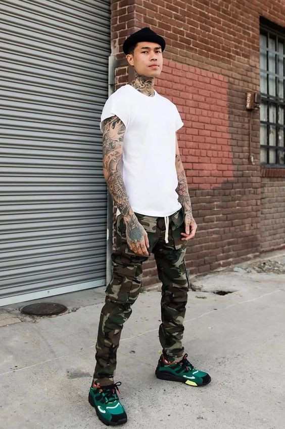 Cargo, Military Pant Outfit Designs With White T-shirt, Camo Pants Men: 