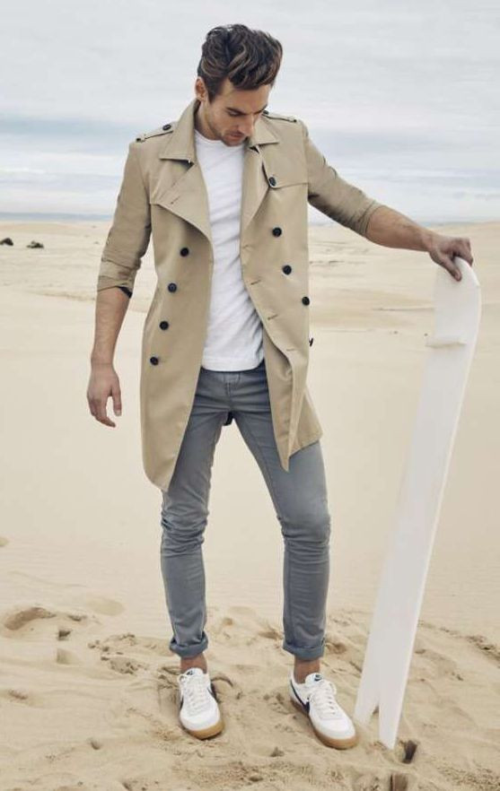 Beige Trench Coat, Winter Fashion Wear With Light Grey Casual Trouser, Summer Trench Coat Outfit Men: 