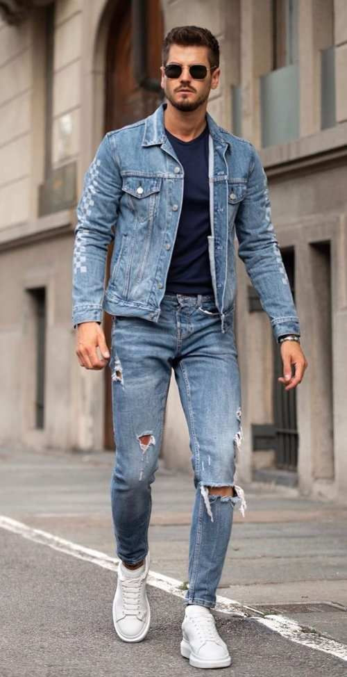 Light Blue Casual Trouser, Ripped Jeans Ideas With Light Blue Casual Jacket, Double Denim Outfit Men: 