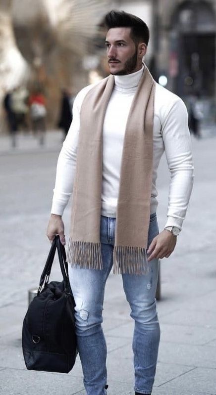 Beige Vest, Turtleneck Wardrobe Ideas With Light Blue Casual Trouser, Fall Man Outfits: 