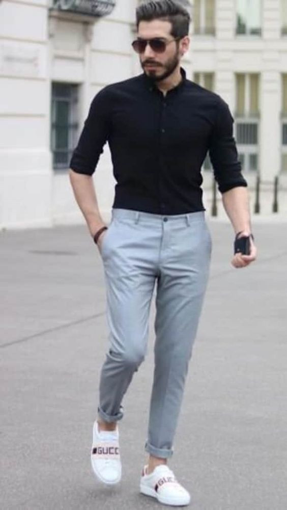 Black Shirt, Men Shirts Fashion Outfits With Light Blue Suit Trouser, Formal Dress Men: 