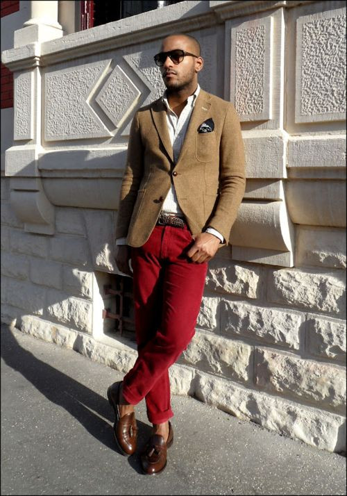 Red Casual Trouser, College Wardrobe Ideas With Beige Suit Jackets And Tuxedo, Red Pants Suit Men: 