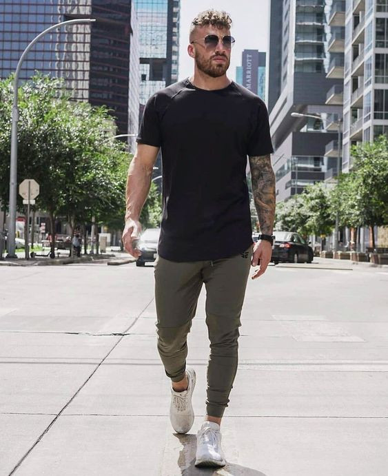 Green Casual Trouser, Men's Joggers Fashion Ideas With Black T-shirt ...