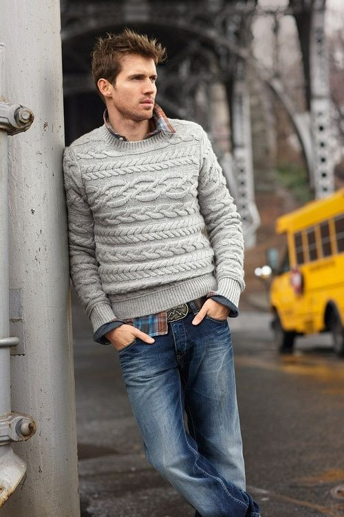 Grey Sweater, Men's Winter Fashion Ideas With Dark Blue And Navy Casual Trouser, Jeans: 