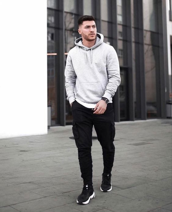 Grey Hoody, Winter Wardrobe Ideas With Black Cargo, Jeans: 