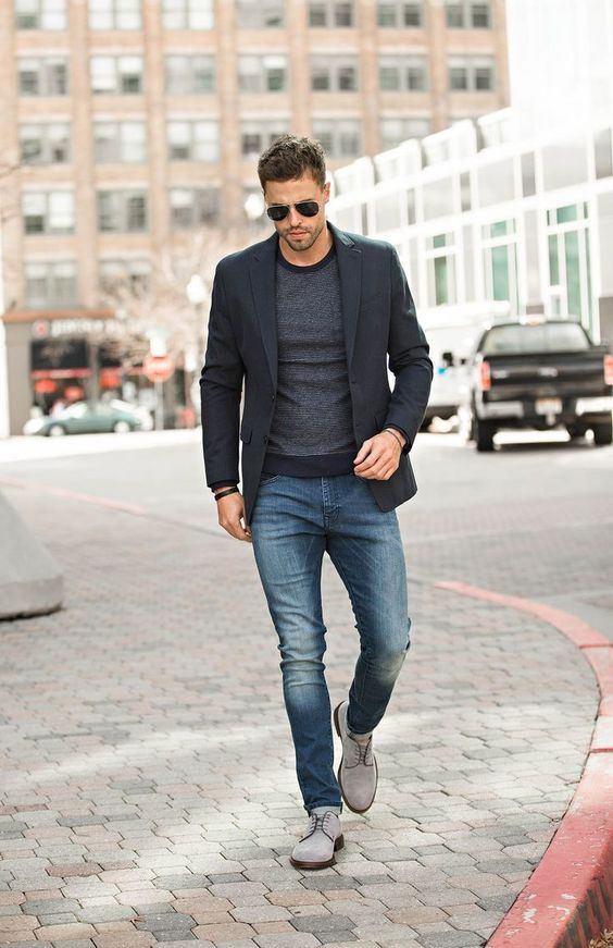 Light Blue Jeans, Fashion Wear With Dark Blue And Navy Suit Jackets Tuxedo, Jeans With Blazer Look: 