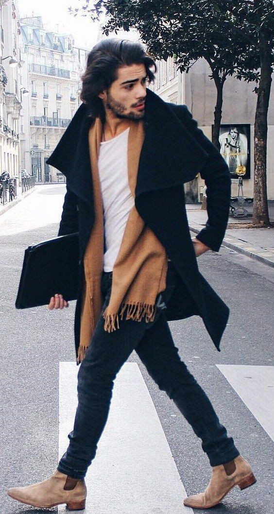 Black Winter Coat, Chelsea Boots Outfit Designs With Black Jeans, Chelsea Boots Men Skinny Jeans: 