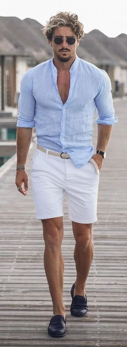 White Beach Pant, Shorts Outfit Designs With Light Blue Shirt, Men's Casual Shirts: 