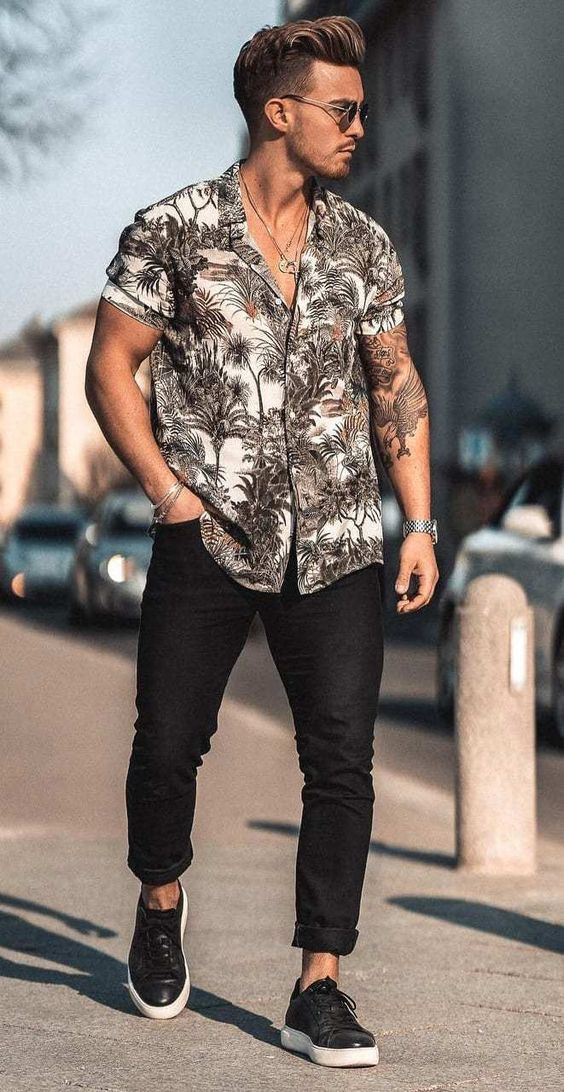 Shirt, Men Shirts Outfit Designs With Black Pant, Men's Floral Shirts Outfits: 
