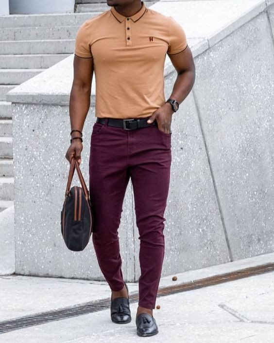 Purple And Violet Casual Trouser, College Fashion Wear With Beige Polo-shirt, Fashion Model: 