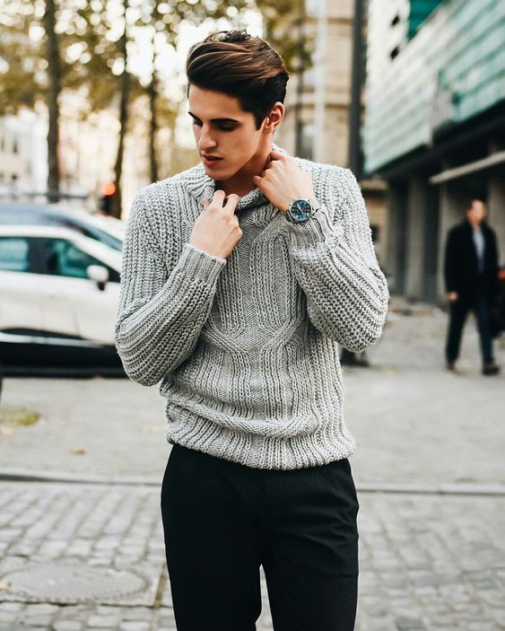 Grey Sweater, Men's Winter Outfit Designs With Black Pants, Men's Fashion: 