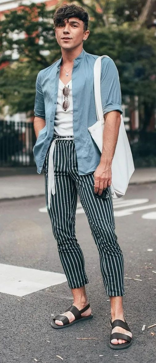 Culotte, Casual Outfits Ideas With Light Blue Shirt, Striped Pants ...