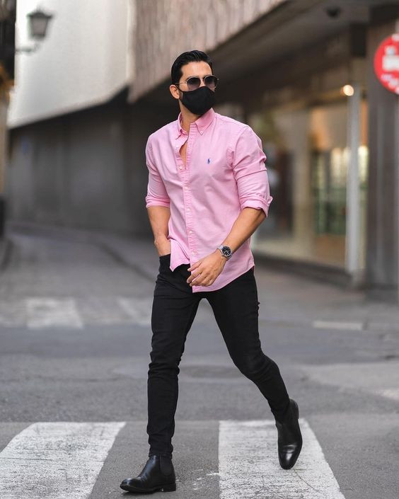 Pink Shirt, Men's Pastel Fashion Outfits With Black Jeans, Formal Dress Men  | Formal wear, casual wear, men's style, semi-formal wear