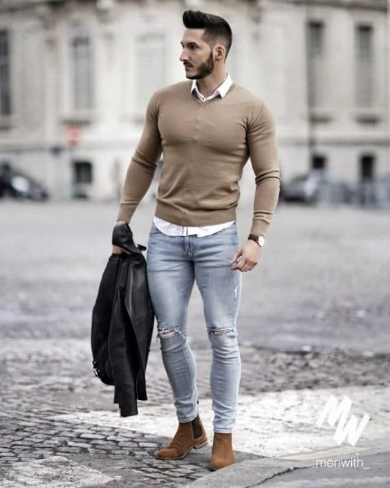 Beige Sweater, Chelsea Boots Outfits Ideas With Light Blue Jeans, Fall Men Outfits: 