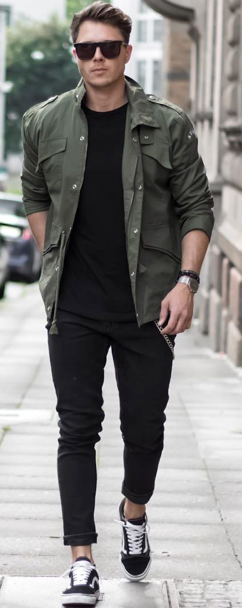 Black Casual Trouser, Stylish Clothing Ideas With Green Casual Jacket, Green Shirt With Black Tshirt: 