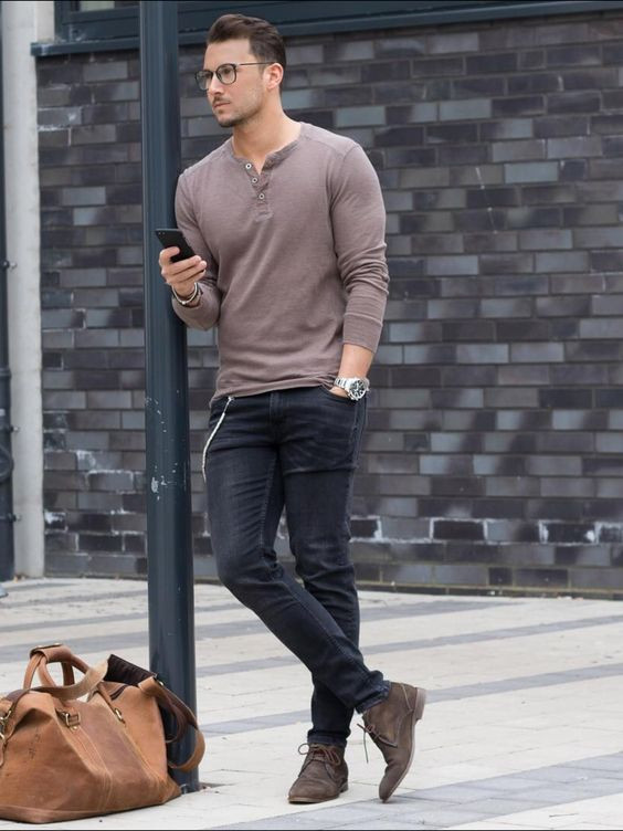 Black Jeans, Ideas With Brown Sweater, Casual Boots Outfit Men: 