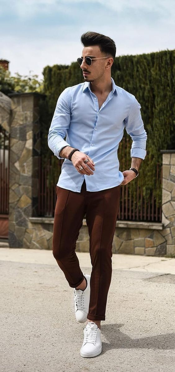 Light Blue Shirt Mens Pastel Outfit Trends With Brown Sweat Pant Brown  Pants Outfit Men  Navy blue