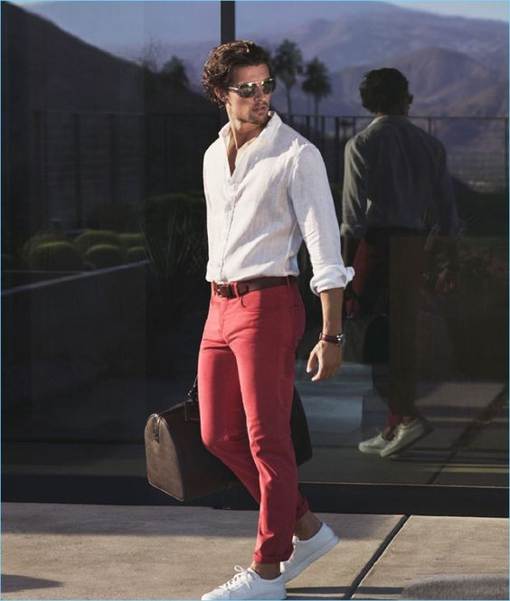 Red Suit Trouser, College Outfits With White Denim Shirt, White
