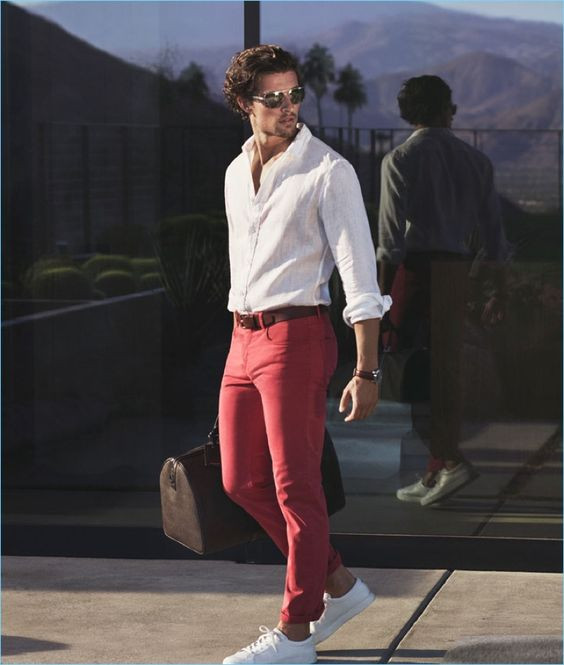 Red Suit Trouser, College Outfits With White Denim Shirt, White Shirt And Red Jeans For Men: 