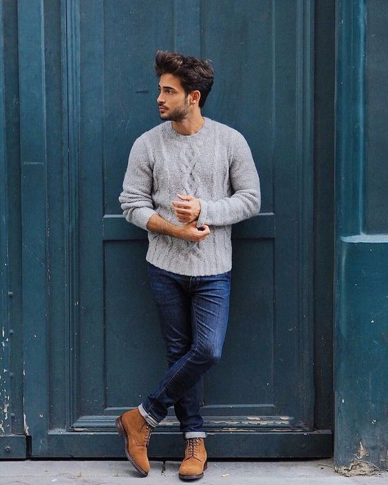 Grey Sweater, Men's Winter Outfit Designs With Dark Blue And Navy Jeans, Men's Fall Outfits: 