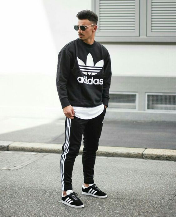 Black Sweatshirt, Winter Fashion Ideas With Black Sweat Pant, Adidas Street Style Men: 