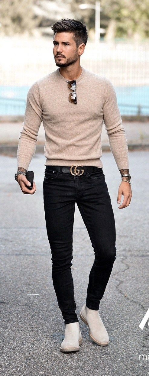 Beige Sweater, Men's Pastel Clothing Ideas With Black Casual Trouser, Fashion: 