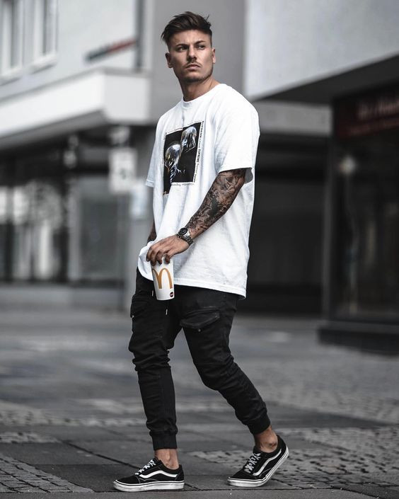White T-shirt, Fashion Ideas With Black Leather Trouser, Summer Outfits Men | Casual wear, men's clothing