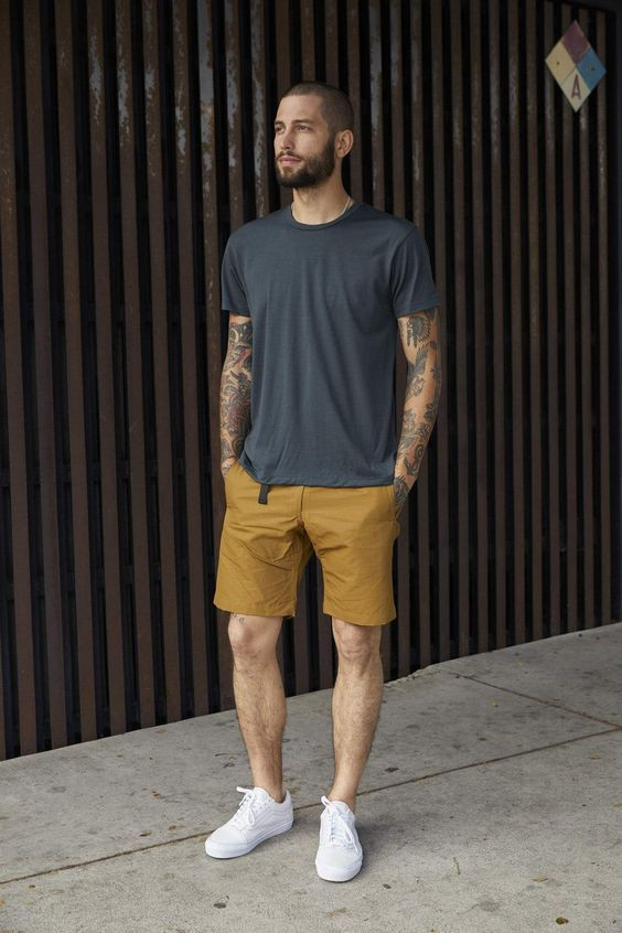Yellow Casual Short, Shorts Outfit Designs With Grey T-shirt, Mustard Shorts Outfit Men's: 