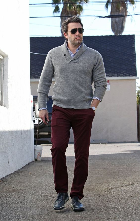 Grey Sweater, Men's Winter Fashion Wear With Brown Suit Trouser, Ben Affleck Clothing Style: 