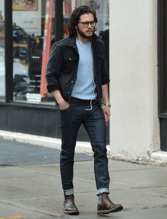 Black Casual Jacket, Boots Fashion Ideas With Dark And Navy Jeans, Jean Jacket Outfits | Jean men's style
