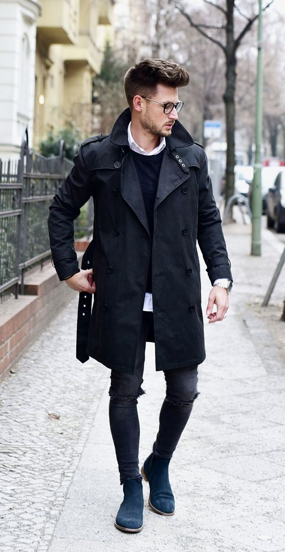 Black Coat, Winter Fashion Wear With Dark Blue And Navy Casual Trouser, Men  Coat Outfit Ideas | Pea coat, casual wear, chelsea boot, winter clothing