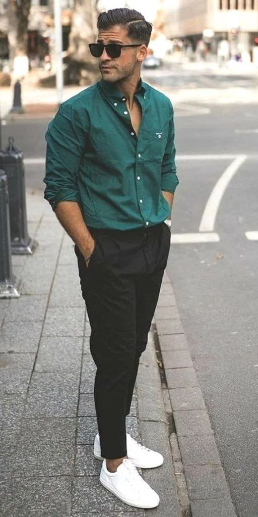Turquoise Denim Shirt, Men Shirts Fashion Tips With Black Casual Trouser, Formal Summer Outfits Men: 