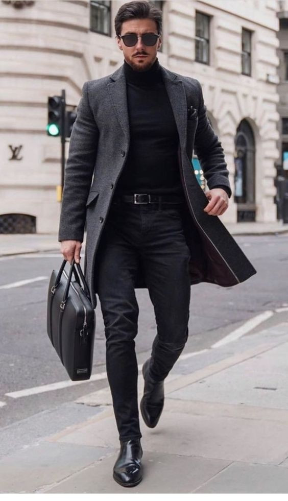 Black Leather Trouser, Stylish Fashion Outfits With Grey Wool Coat, Grey Coat Outfit Men's: 