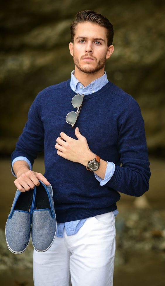 Dark Blue And Navy Cardigan, Men's Winter Fashion Outfits With White Jeans, Men Preppy Look: 