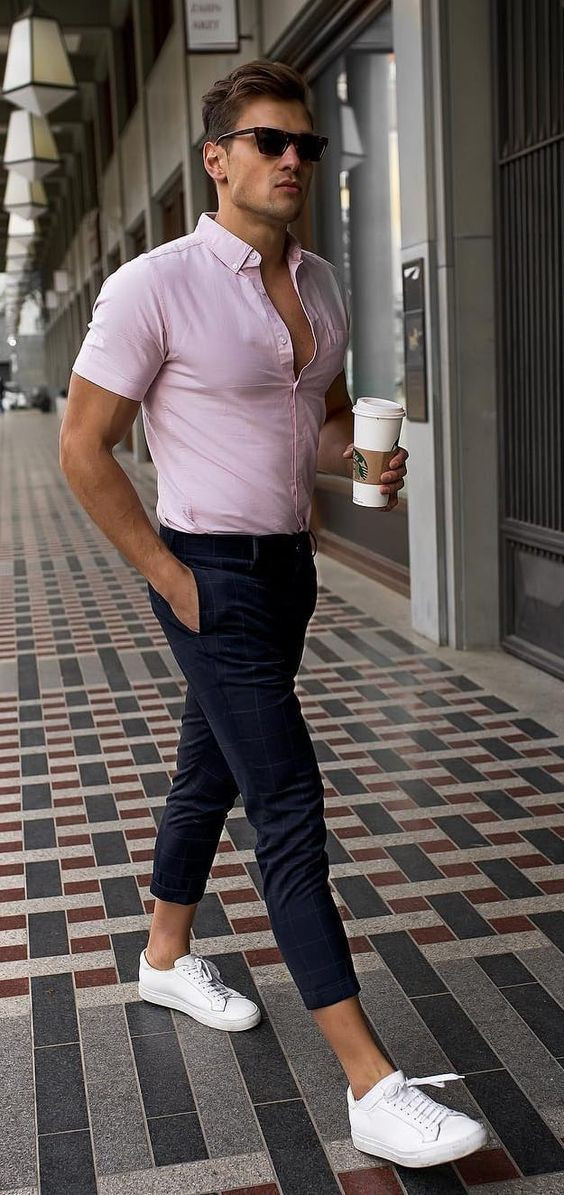 Pink Polo-shirt, Men's Pastel Ideas With Dark Blue And Navy Casual Trouser, Pastel Shirt Outfit Man: 