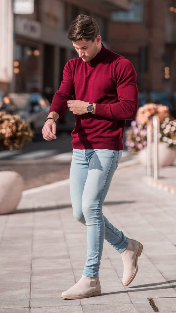 Red Cardigan, Chelsea Boots Outfit Trends With Light Blue Jeans, Maroon Turtleneck Outfit Men: 