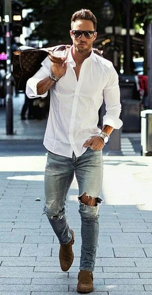 White Shirt, Men Shirts Ideas With Light Blue Ripped Jeans, Classic Man Style: 