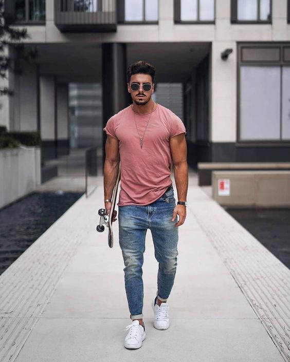 Pink T-shirt, Men's Pastel Fashion Wear With Light Blue Casual Trouser ...