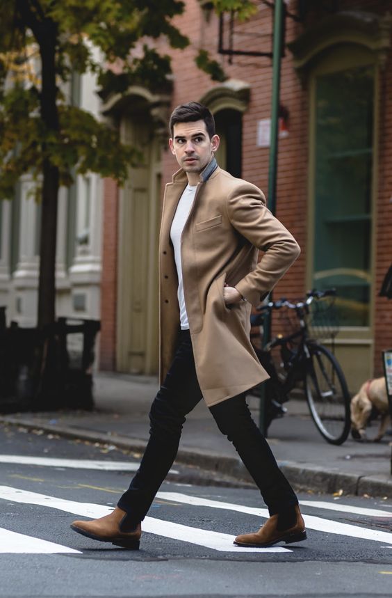 Beige Wool Coat, Chelsea Boots Attires Ideas With Black Jeans, Chelsea Boots Formal Outfit Men: 