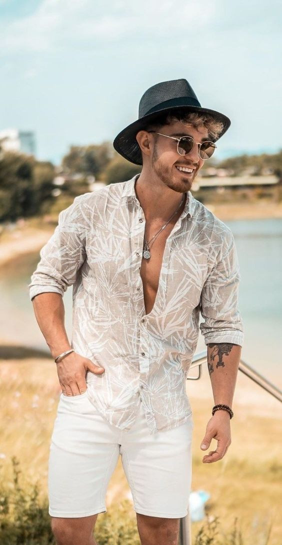 White Beach Pant, Shorts Wardrobe Ideas With Beige Shirt, Hat Beach Outfit Men: 