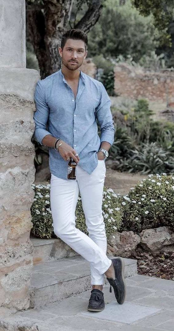 Light Blue Denim Shirt, Men Shirts Outfits With White Jeans, Linen Shirt And Pant: 