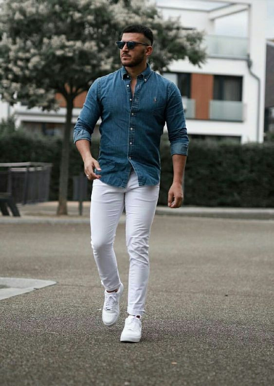 White Jeans, Stylish Outfit Trends With Dark Blue And Navy Denim Shirt, Jeans: 