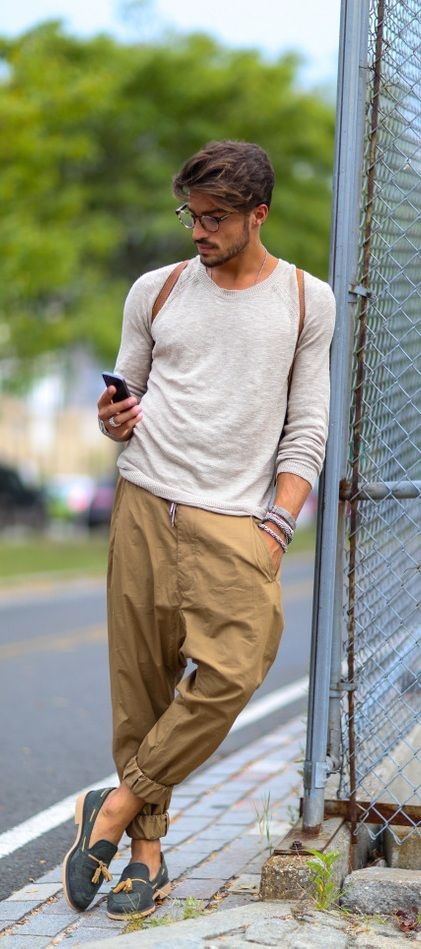 Beige Sweat Pant, Men's Joggers Fashion Trends With White T-shirt ...